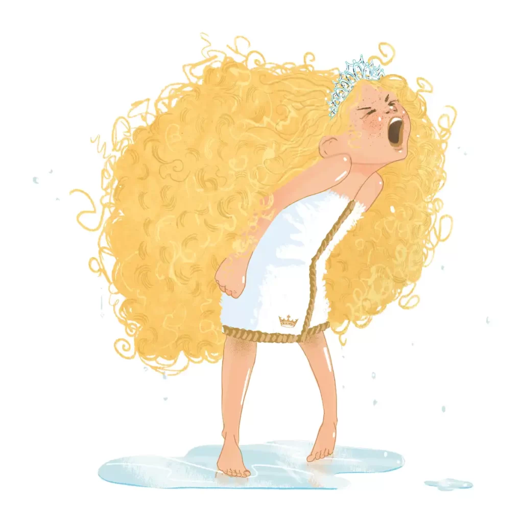 Detailed view of Princess No Knots having a tantrum with frizzy hair and wearing a bath towel from illustrated book Princess No Knots