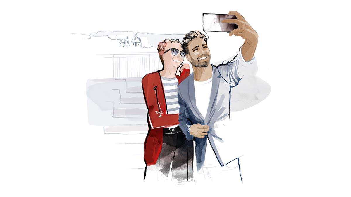 A couple take a selfie with the suggestion of Rome as a backdrop. Illustrated in a loose inky style by Matt Richards Illustration for the Ryder Cup 2023