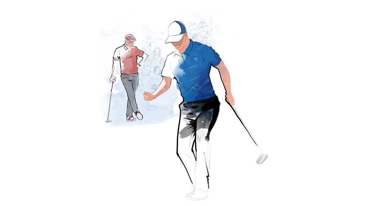 A golfer celebrates a successful putt while his opponent looks on, a crowd of spectators are suggested in the background. A father & son toast drinks standing at a table with food & a bottle of wine on the table with a suggestion of comfy seating behind. Illustrated in a loose inky style by Matt Richards Illustration for the Ryder Cup 2023.